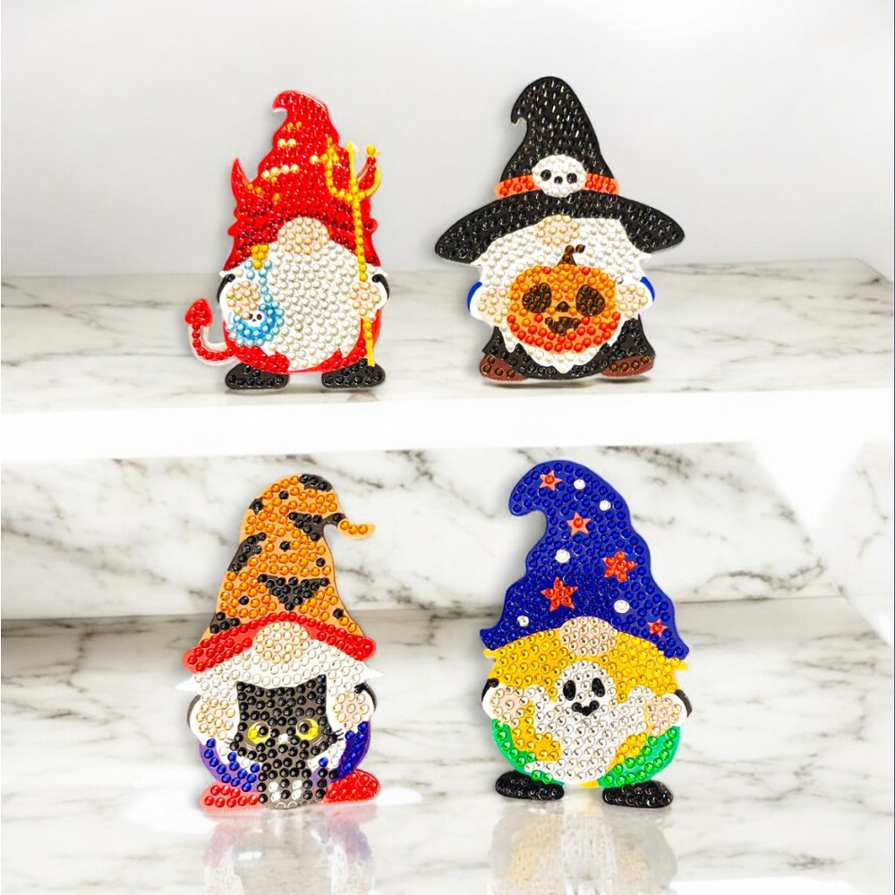 Gnome Halloween Costume Coaster Set 4 w/Holder Hand Crafted & Sealed Diamond Art